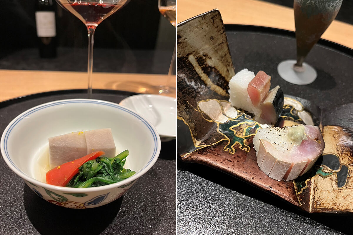 海老芋などの煮物と、鯖の押し寿司の画像