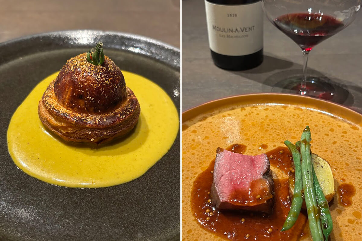 左は小松の名産野菜トマトを使ったパイ。右はメインにあたる肉料理、猪とジャガイモの画像。