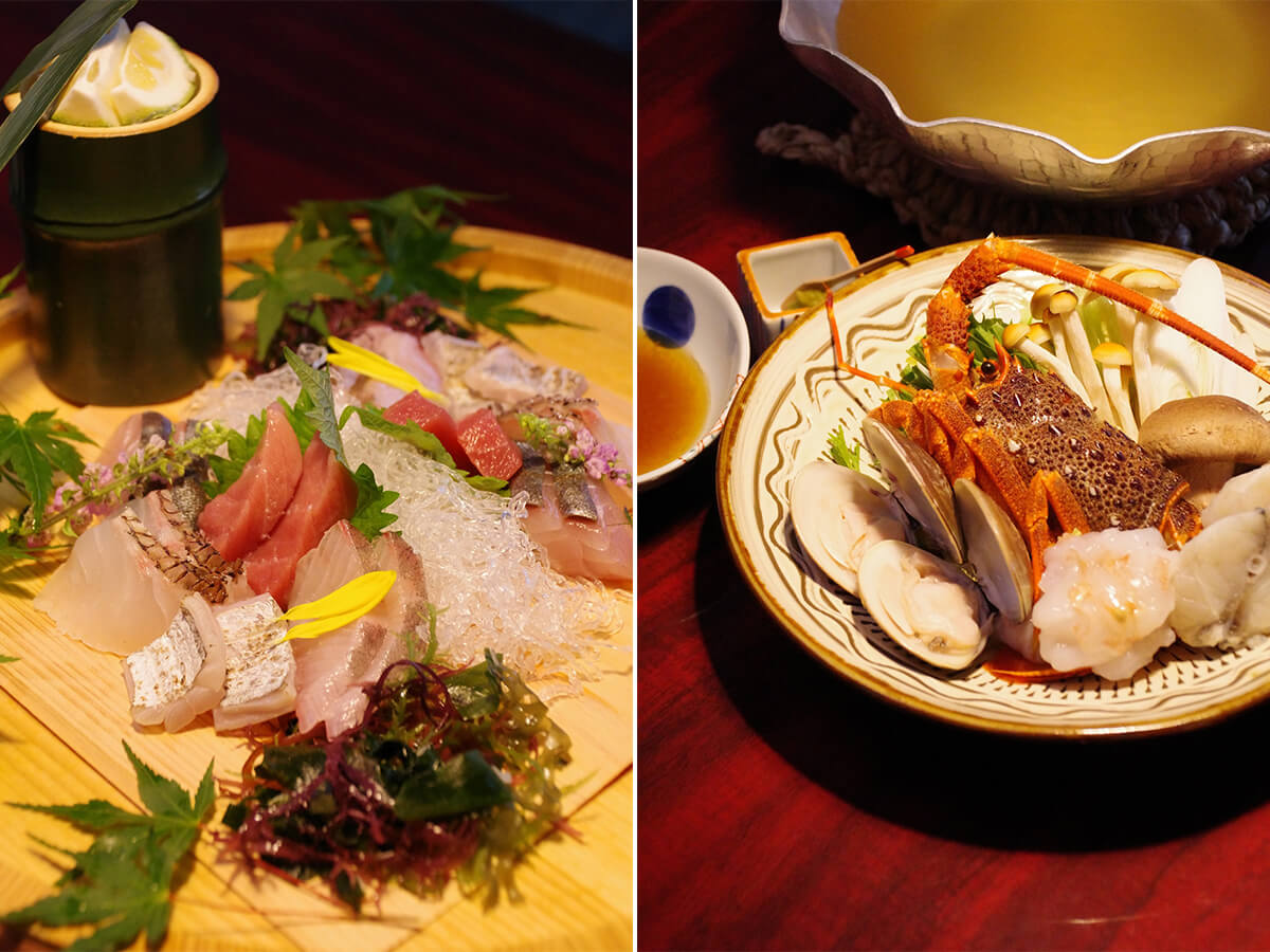 左は新鮮な豊後の恵みの「お造り」の画像。右は台の物。魚介と旬野菜の豊後鍋の画像