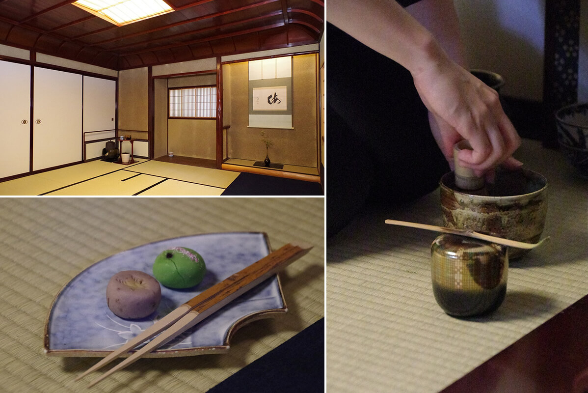左上／折り上げ天井（端あげ天井）のある書院風の造りの画像。　右／茶の湯の画像。　左下／温泉街にある和菓子店の季節の上生菓子の画像
