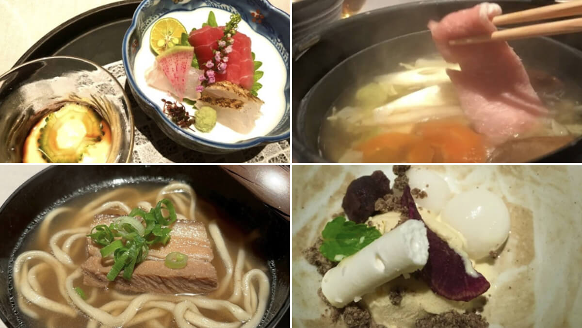 左上／お作り３種盛り合わせ・ジーマミー豆腐　右上／しゃぶ野菜・沖縄県産あぐー豚のバラとロース　左下／沖縄そば　右下／甘味　の画像
