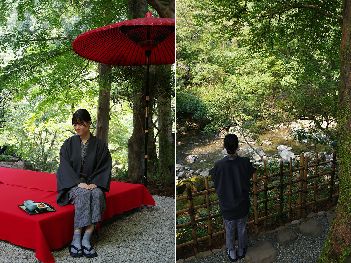 左/茶と作り立ての団子のおもてなしを受けている画像 右/須雲川に面している画像