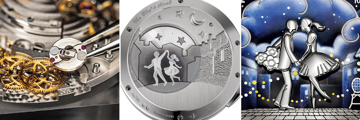 左/歯車の回転を調整するパーツの画像 中/ケースバックの画像 右/男女のレリーフの画像