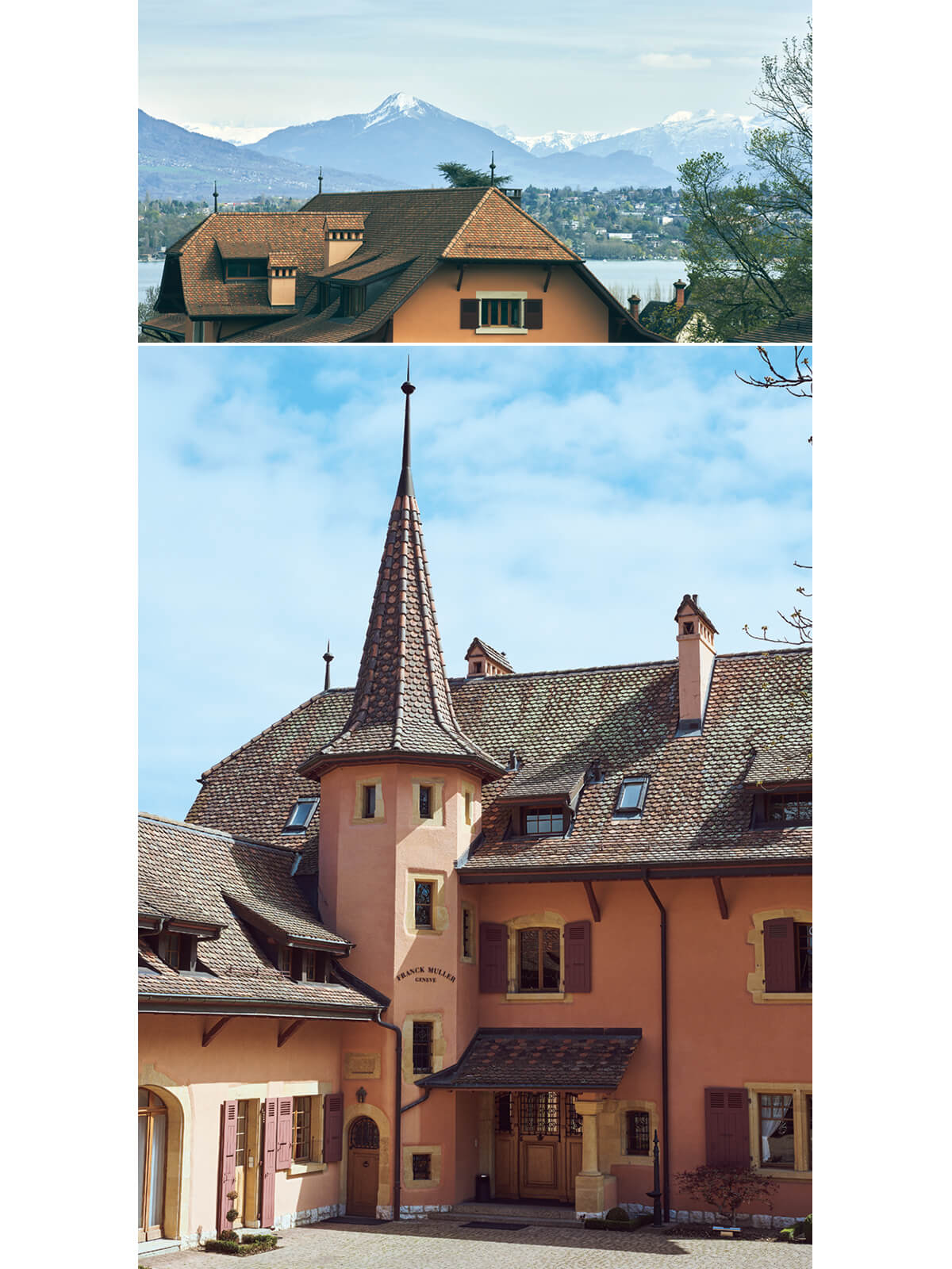 上／晴れた日にはウォッチランドからレマン湖の対岸にアルプス山脈の稜線を一望できる　下／ウォッチランドの建物の画像