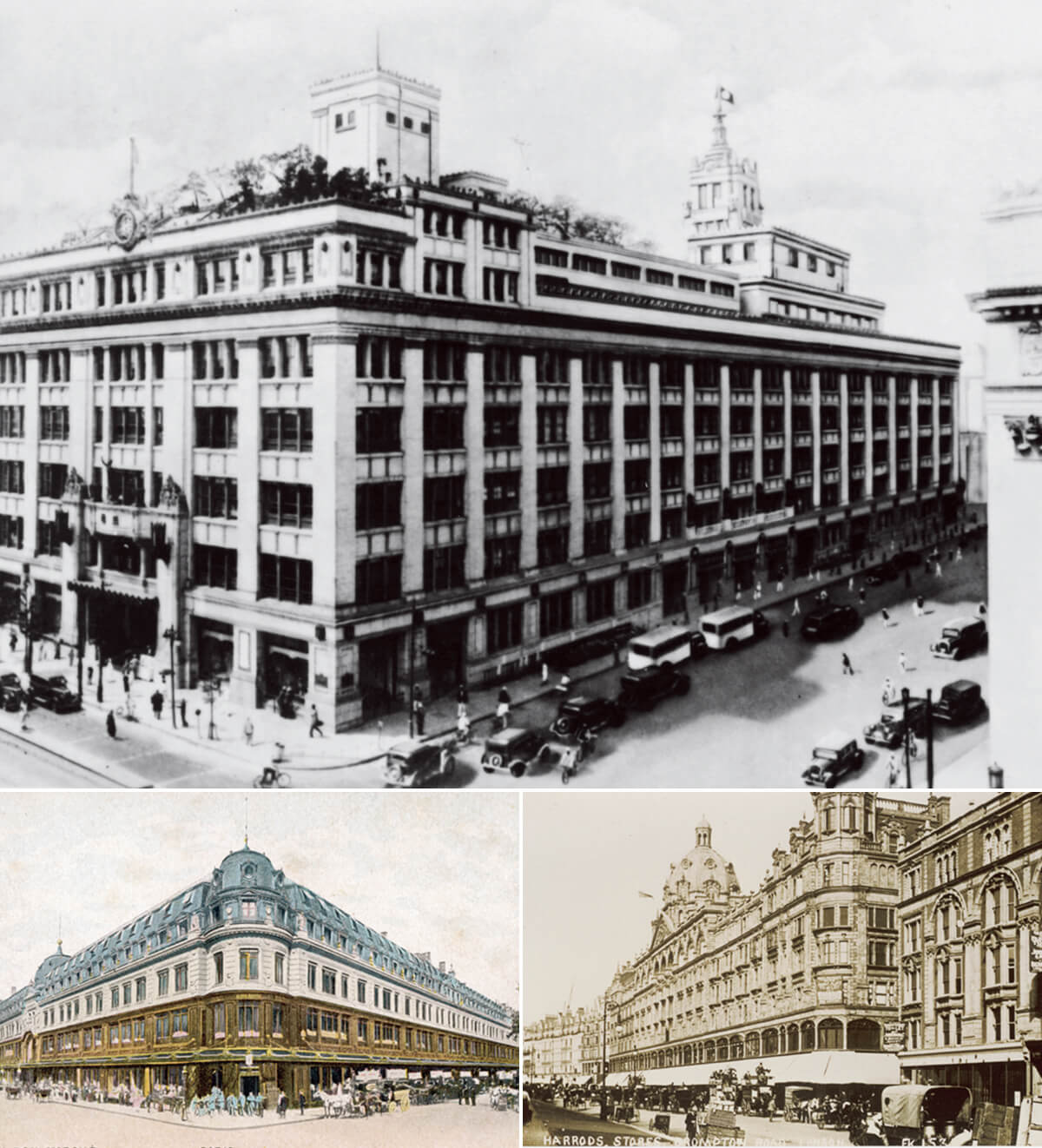 上は関東大震災後の1927年、修築工事を終えた三越呉服店日本橋本店。その下右は1900年ごろの英国・ロンドンの『ハロッズ』、その左は1910年ごろのフランス・パリ『ボン・マルシェ』百貨店の外観の画像