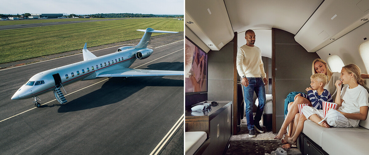 左はボンバルディア「Global 7500」の画像。右はワイドスクリーンのHD（高画質）の画像