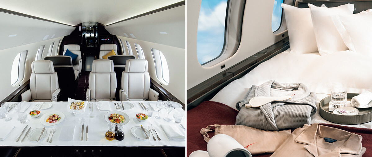 左は食事の画像。右はフルリクライニングシートに寝具やパジャマなどの画像