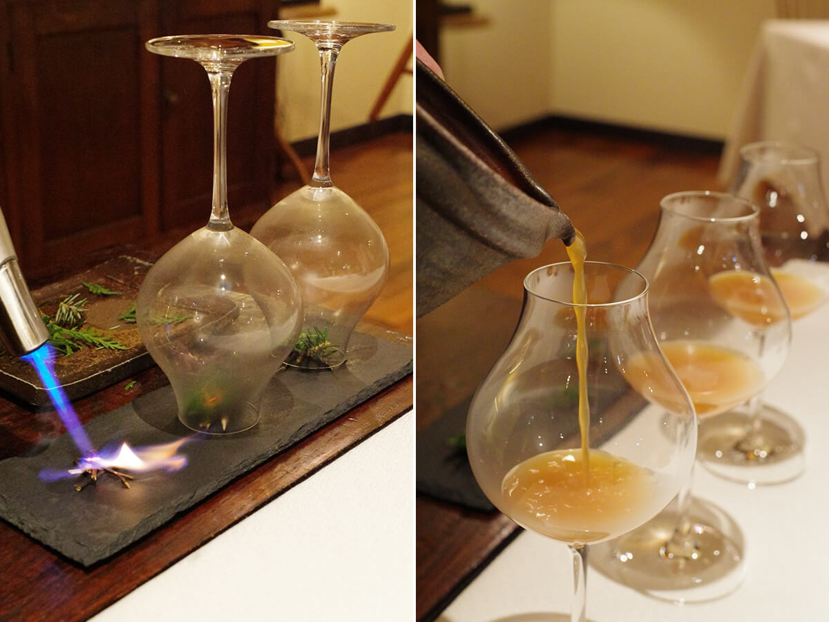左／瞬間スモークでグラスに香りを纏わせる。　右／森のボタニカルドリンクを注ぐ画像