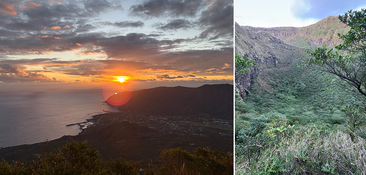 左／八丈富士からの朝日　右／ジャングルのように緑が生い茂っている火口内部の画像