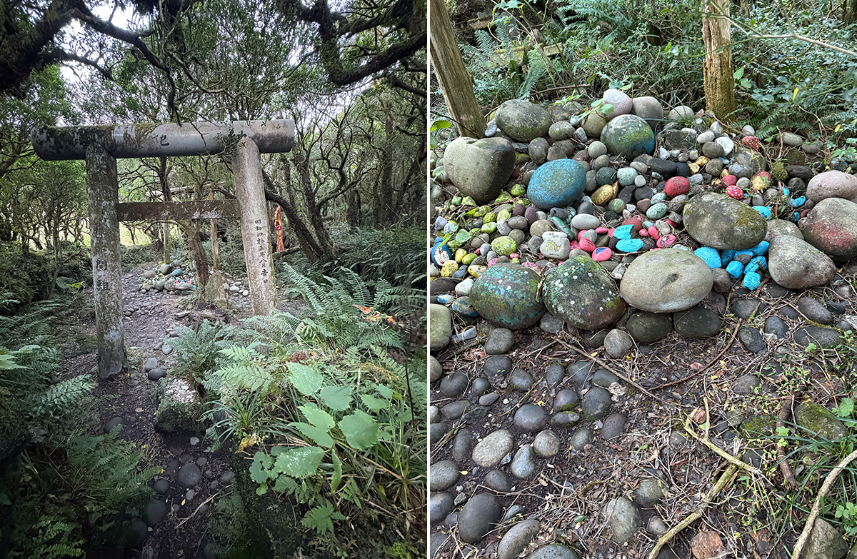 左／浅間神社　右／鳥居周辺に置かれた大小さまざまな玉石の画像