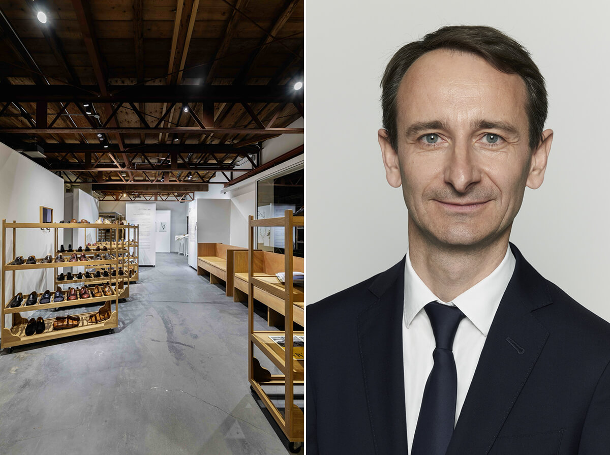 左／エントランスを入って右側に広がるショップエリア　右／オープニング時にお話を伺ったマーク・デュリーCEOの画像