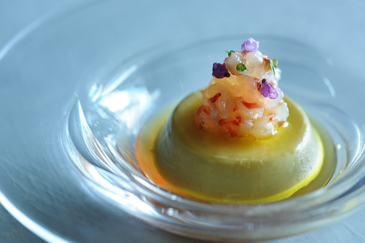 「ニンジンのパンナコッタ 車海老のタルターラ」の画像