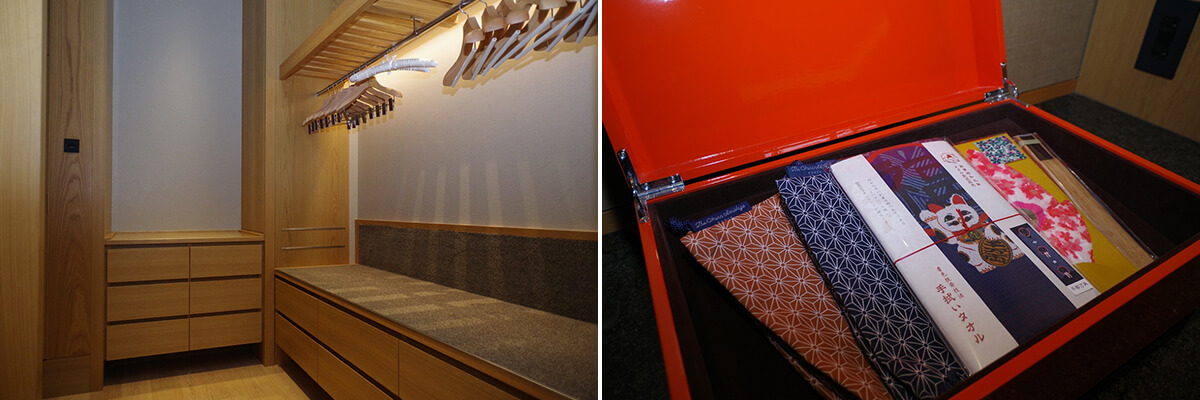 左/ウォークインクローゼット 右/手ぬぐいタオルや巾着、紙風船など日本を思わせる小物 の画像