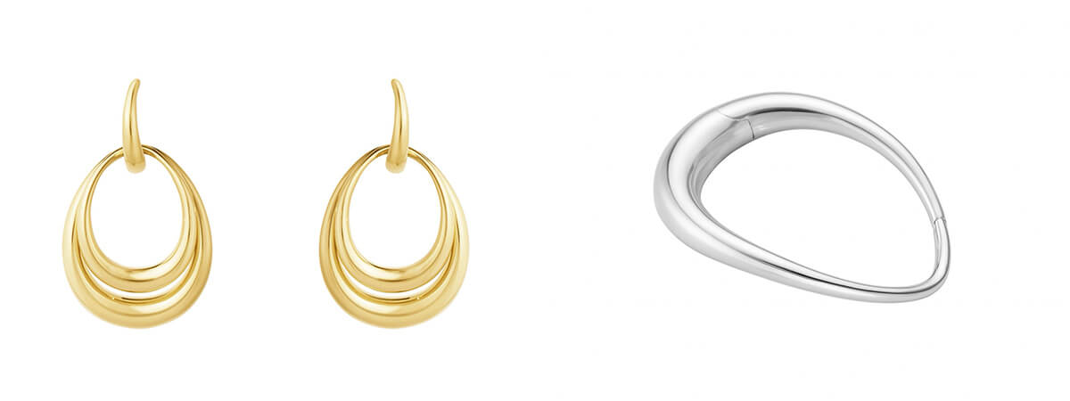 左/「オフスプリング」のピアス、18KYG 右/「オフスプリング」のバングル、スターリングシルバーの画像