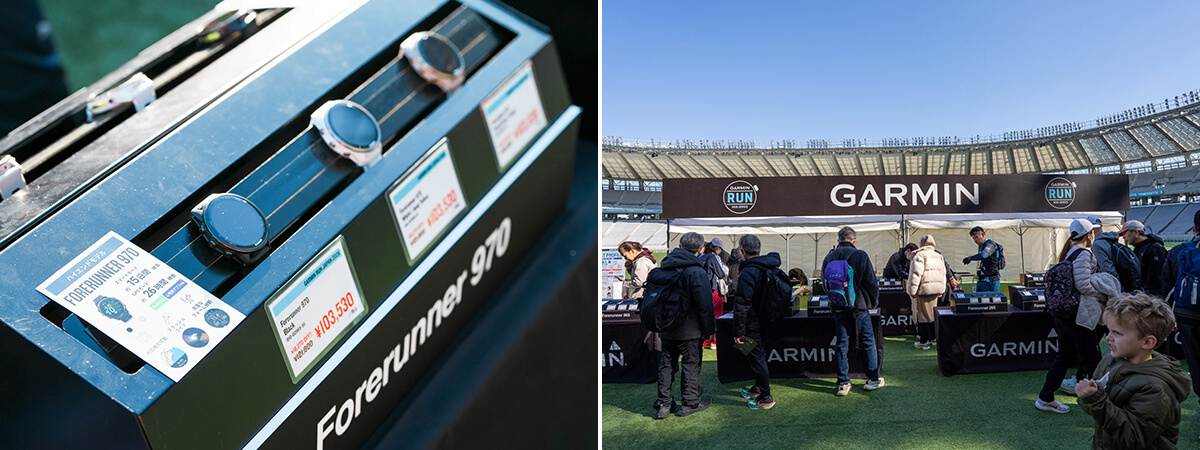 ガーミンの時計を展示したブースや、協賛企業のブースの画像