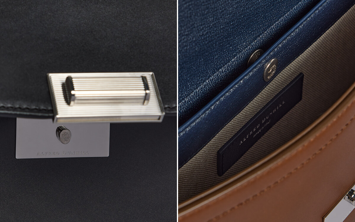 左/フロントのクロージャーの画像 右/内側にはコントラストカラーのゴートスキンのディテールとフラップが配されている画像