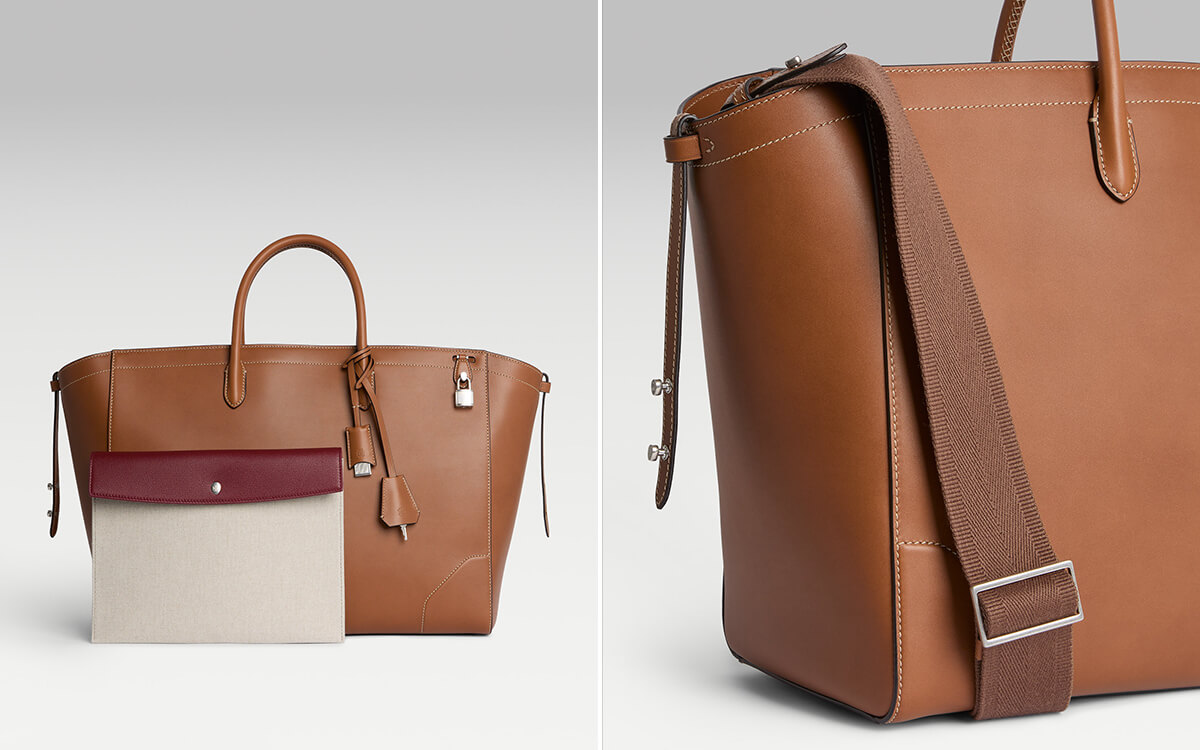 取り外し可能なゴートスキンをフラップに使ったエンベロープ、ショルダーストラップが付属している画像