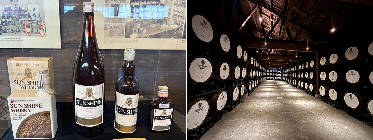 左／古い写真やかつて発売されていた「サンシャインウイスキー」のボトルなどの展示　右／蒸留所内の樽貯蔵庫の画像