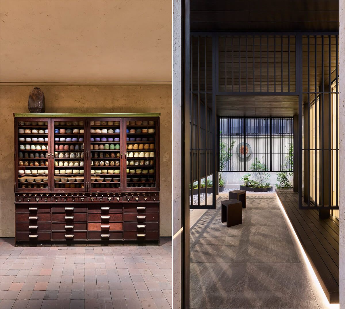 左／「1,000 tea bowl project」の茶碗を納めたキャビネット。　右／奥の枯山水と茶室の様子の画像
