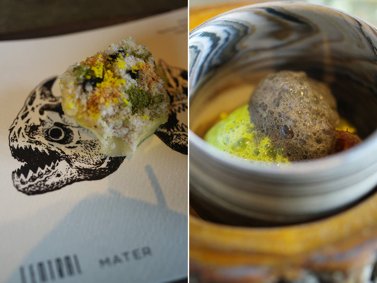 左／EXTREME ALTITUDE（極限の標高）メニューの中で最も高い、標高4200mの料理　右／SEA BRAIN ALGAE（海の脳／藻）の画像