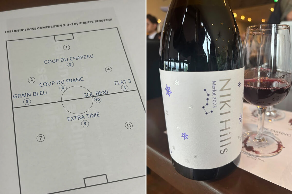左/トルシエさんによるワインのフォーメーション 右/NIKI Hills Wineryの「Merlot 2023」の画像