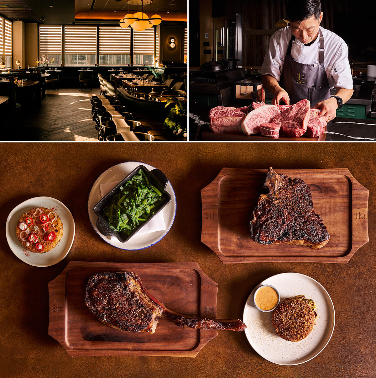 「Gui Steakhouse＆Prime Rib」の店内（左上）、シェフのシム・ソンチョル（右上）、ステーキ＆サイドディッシュ（下）の画像