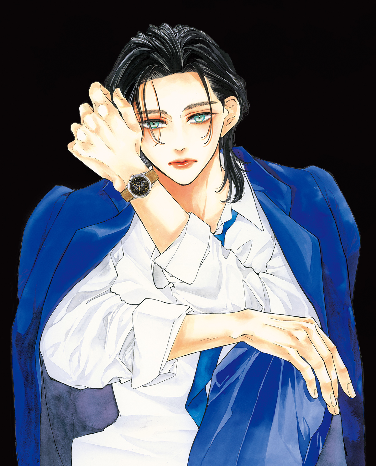 杉山美和子先生描き下ろしの、美しい名品時計を身に着けた男性のイラスト