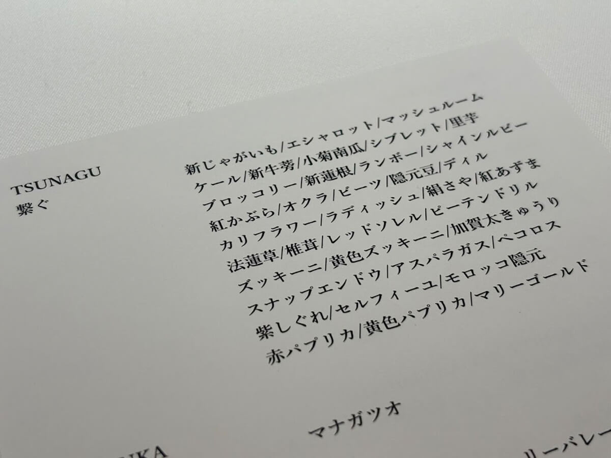 数々の野菜が記されたメニューの画像