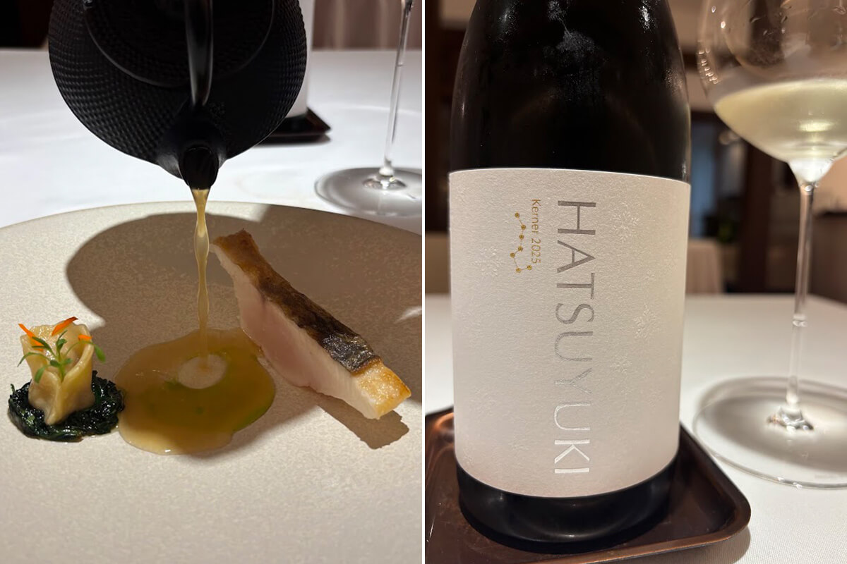左/マナガツオを使った魚料理の画像 右/NIKI Hills Wineryの「HATUSYUKI 2025」の画像