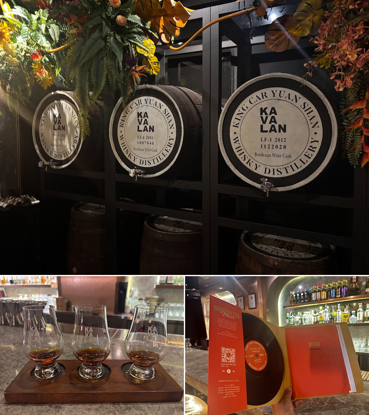 上／店内に並ぶ5大シャトーの樽　左下／超希少な3種類飲み比べのセット　右下／ユニークなデザインのメニューの画像