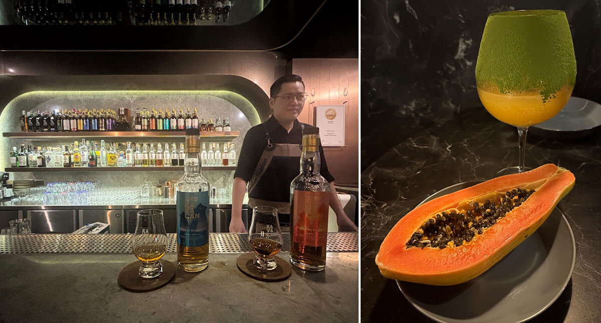 左／James Linさん　右／グラスに抹茶パウダーをまとった「Kavalan Blender’s Reserve Series NO.2」を使った特製カクテルの画像