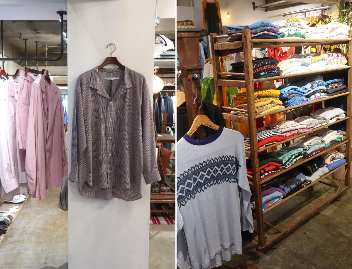 左／デザイナー中野靖の“ANSNAM（アンスナム）”のシャツ。　右／3階では無店舗古着店『AND SO IT  GOES』の商品を常設展開している画像